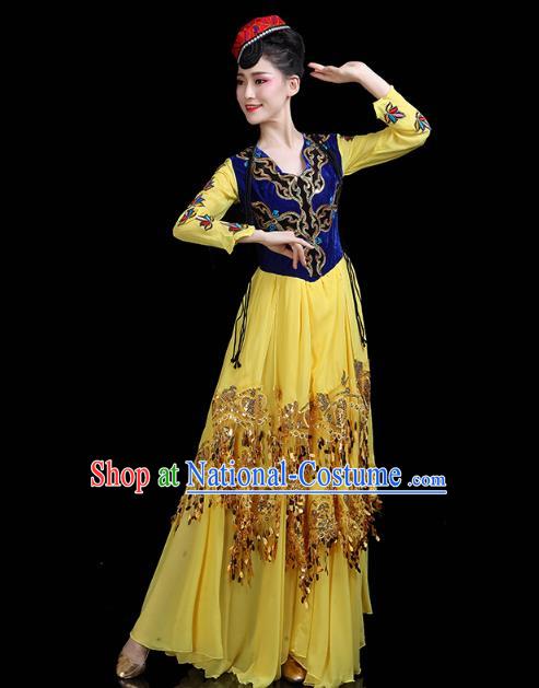 Chinese Xinjiang Ethnic Woman Yellow Dress Traditional Uygur Nationality Dance Performance Costume