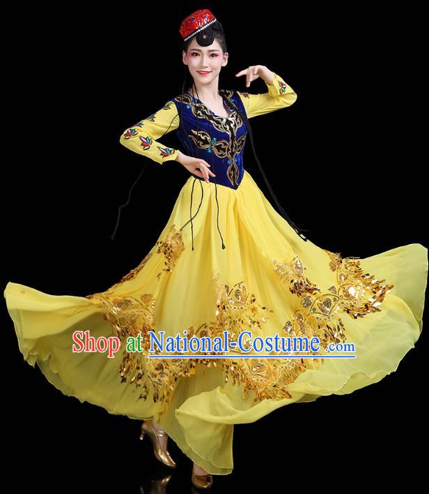 Chinese Xinjiang Ethnic Woman Yellow Dress Traditional Uygur Nationality Dance Performance Costume