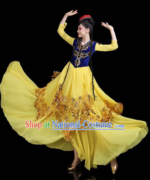 Chinese Xinjiang Ethnic Woman Yellow Dress Traditional Uygur Nationality Dance Performance Costume