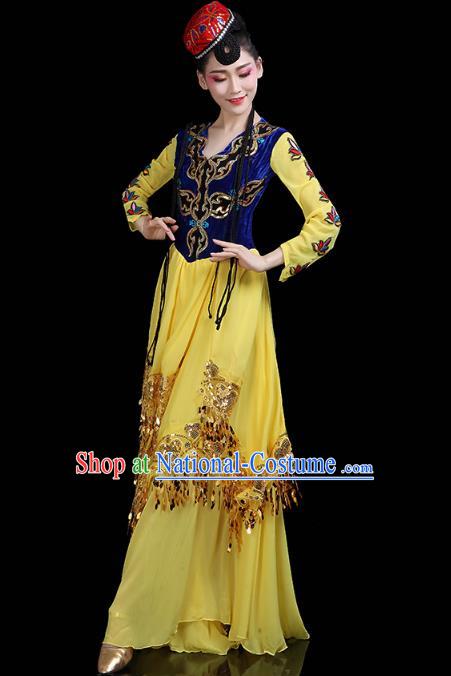 Chinese Xinjiang Ethnic Woman Yellow Dress Traditional Uygur Nationality Dance Performance Costume