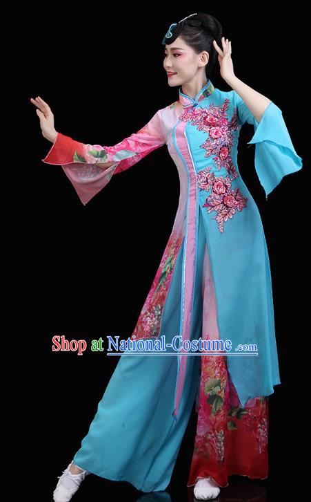 Chinese Classical Dance Embroidered Blue Dress Traditional Woman Group Dance Costume Umbrella Dance Clothing