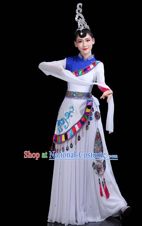 Chinese Tibetan Ethnic Dance White Dress Traditional Zang Nationality Stage Performance Costume