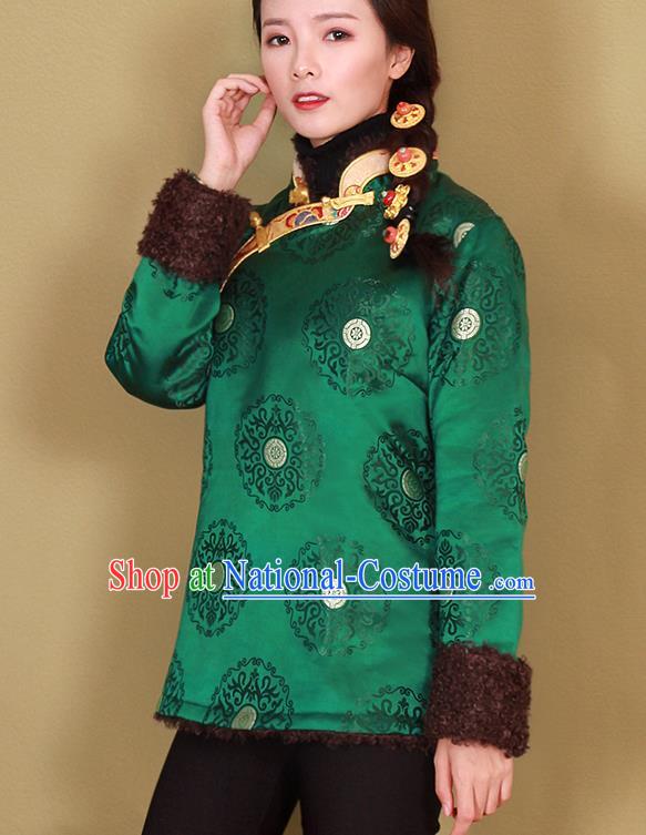 Chinese Tibetan Ethnic Green Brocade Cotton Wadded Jacket Traditional Zang Nationality Woman Outer Garment Clothing