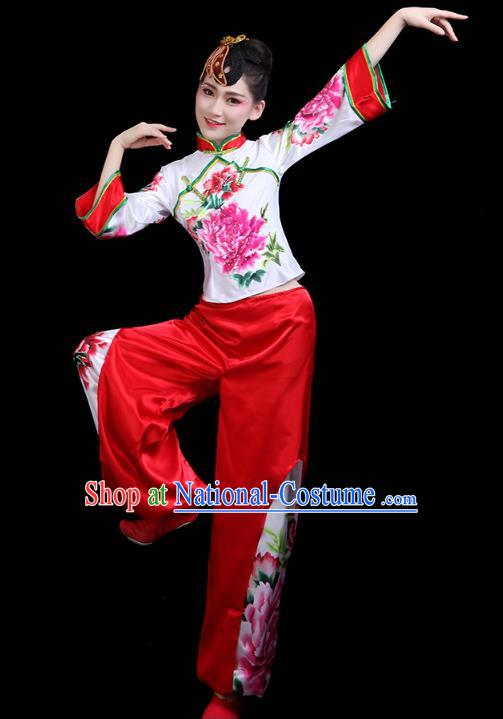 China Traditional Folk Dance Stage Performance Printing Peony Outfits Yangko Dance Fan Dance Clothing