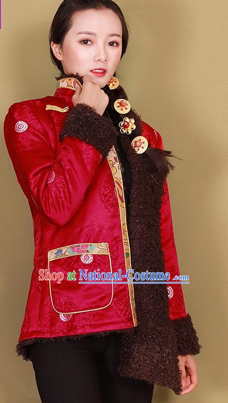 Chinese Traditional Zang Nationality Woman Outer Garment Clothing Tibetan Ethnic Red Brocade Cotton Wadded Jacket