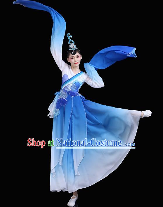 Chinese Traditional Woman Group Lotus Dance Costume Classical Dance Clothing Water Sleeve Dance Blue Dress