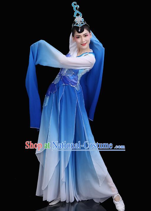 Chinese Traditional Woman Group Lotus Dance Costume Classical Dance Clothing Water Sleeve Dance Blue Dress