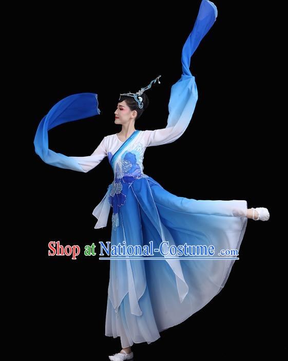 Chinese Traditional Woman Group Lotus Dance Costume Classical Dance Clothing Water Sleeve Dance Blue Dress