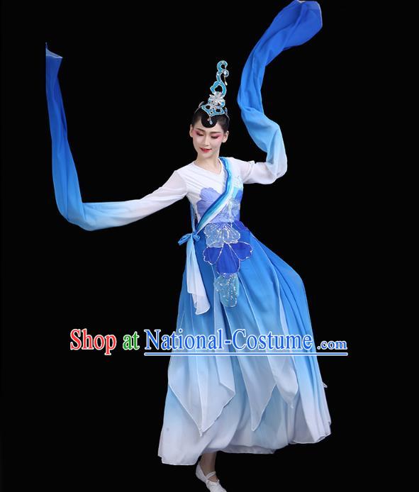 Chinese Traditional Woman Group Lotus Dance Costume Classical Dance Clothing Water Sleeve Dance Blue Dress