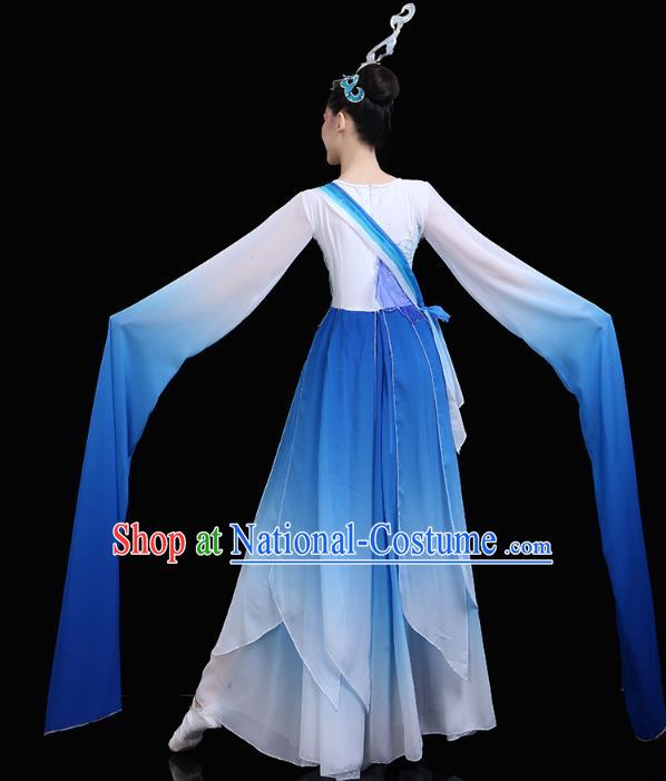 Chinese Traditional Woman Group Lotus Dance Costume Classical Dance Clothing Water Sleeve Dance Blue Dress