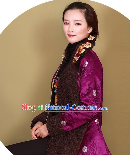 Chinese Traditional Winter Clothing Tibetan Ethnic Purple Brocade Cotton Wadded Jacket Zang Nationality Woman Outer Garment