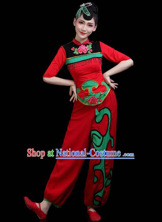 China Traditional Folk Dance Stage Performance Red Outfits Yangko Dance Fan Dance Clothing