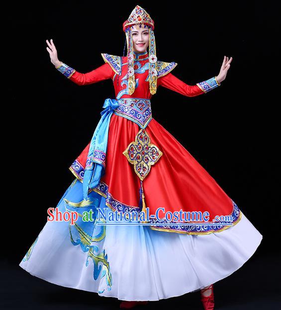 Chinese Mongol Ethnic Wedding Bride Dress Traditional Mongolian Nationality Folk Dance Costume and Headwear