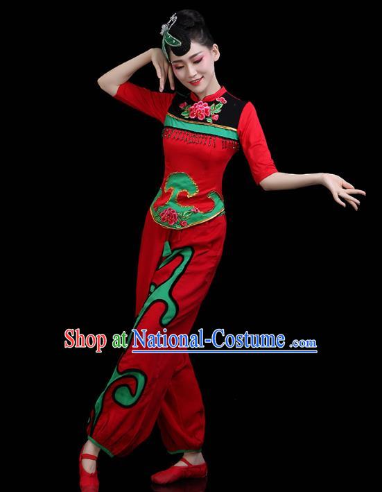 China Traditional Folk Dance Stage Performance Red Outfits Yangko Dance Fan Dance Clothing