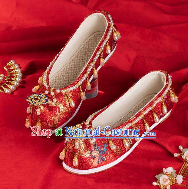 China Ancient Bride Pearls Shoes Traditional Ming Dynasty Princess Shoes Handmade Hanfu Wedding Red Satin Shoes