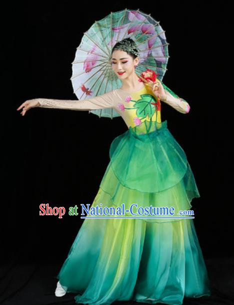 Chinese Classical Dance Clothing Umbrella Dance Green Dress Traditional Woman Group Dance Costume