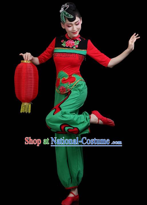 China Jiaozhou Yangko Dance Clothing Traditional Folk Dance Fan Dance Green Outfits