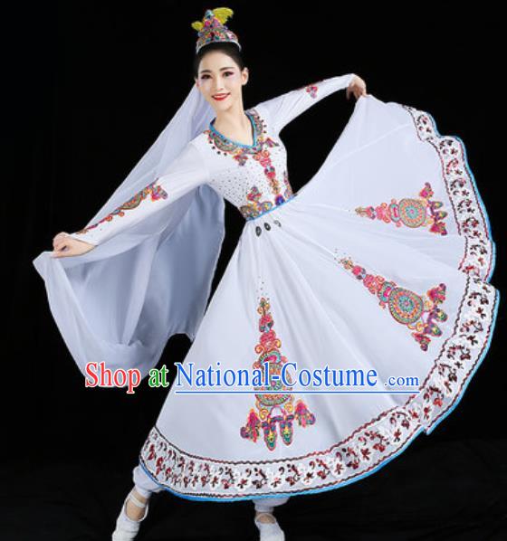 Chinese Traditional Uyghur Nationality Folk Dance Costume Xinjiang Ethnic Stage Performance White Dress