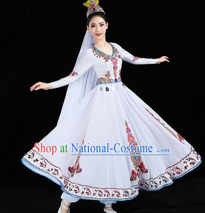 Chinese Traditional Uyghur Nationality Folk Dance Costume Xinjiang Ethnic Stage Performance White Dress