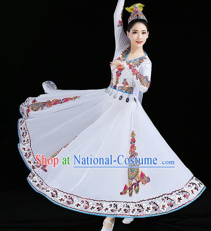 Chinese Traditional Uyghur Nationality Folk Dance Costume Xinjiang Ethnic Stage Performance White Dress