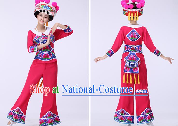 Chinese Liangshan Ethnic Stage Performance Rosy Outfits Traditional Yi Nationality Folk Dance Costumes