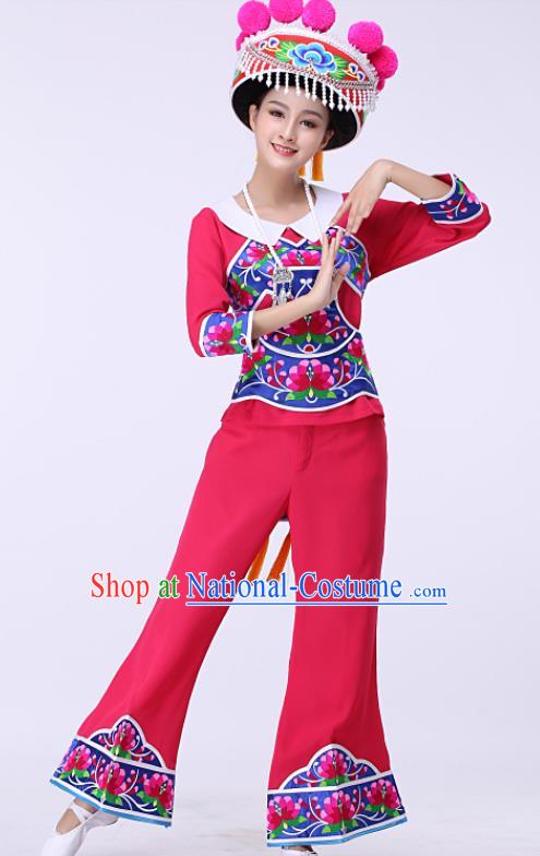 Chinese Liangshan Ethnic Stage Performance Rosy Outfits Traditional Yi Nationality Folk Dance Costumes