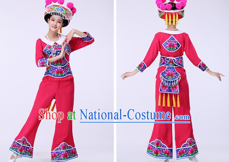 Chinese Liangshan Ethnic Stage Performance Rosy Outfits Traditional Yi Nationality Folk Dance Costumes