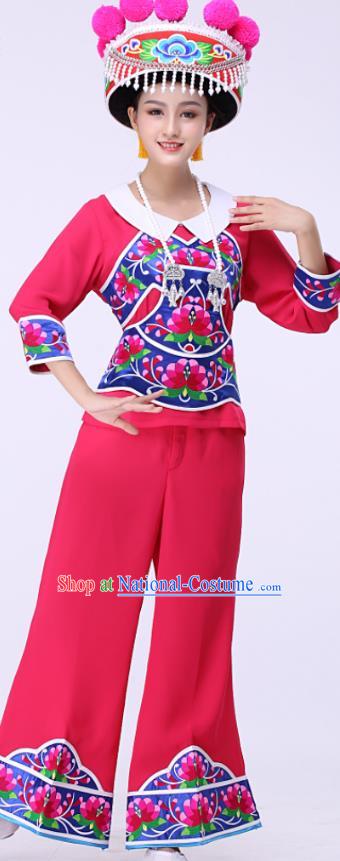 Chinese Liangshan Ethnic Stage Performance Rosy Outfits Traditional Yi Nationality Folk Dance Costumes