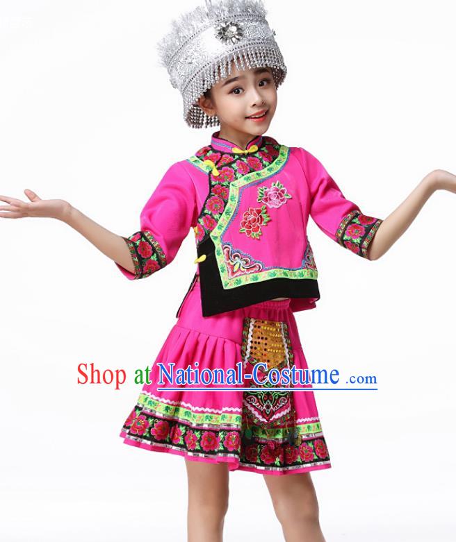 Chinese Hmong Ethnic Folk Dance Clothing Traditional Miao Minority Children Performance Rosy Dress Outfits