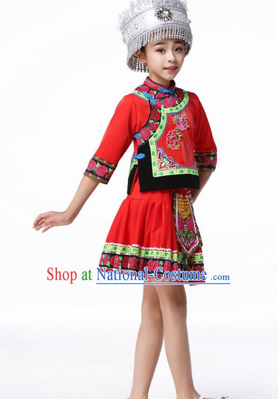 Chinese Hmong Ethnic Girl Performance Clothing Traditional Miao Minority Children Dance Red Dress Outfits