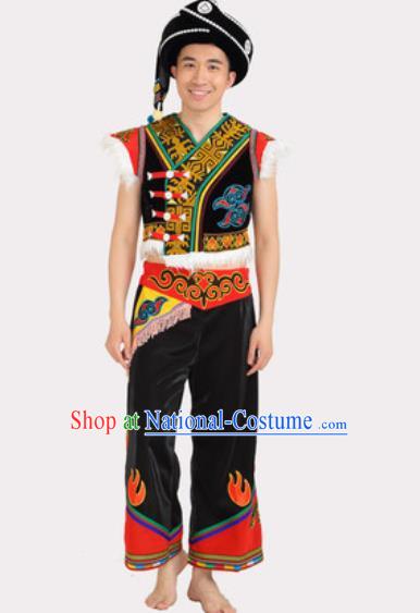 Chinese Traditional Yi Minority Male Stage Performance Black Outfits Liangshan Ethnic Folk Dance Clothing