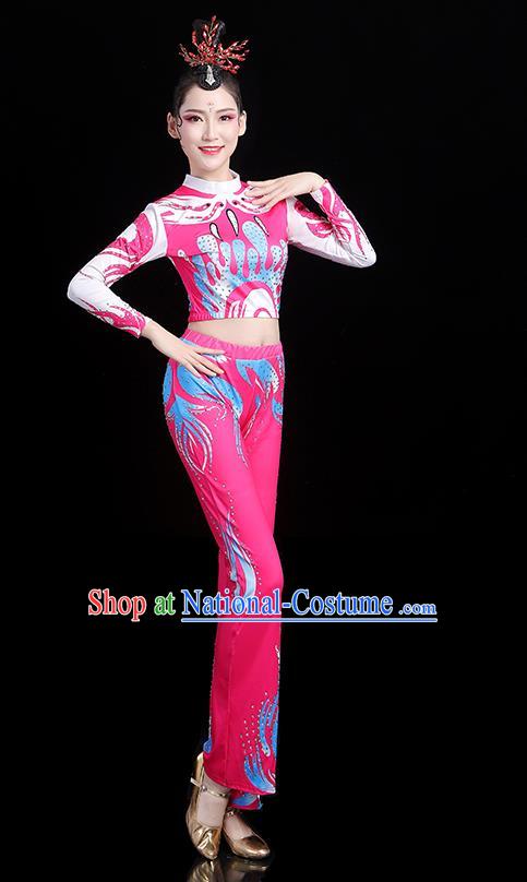 China Aerobics Training Clothing Modern Dance Costume Bodybuilding Competition Pink Outfits