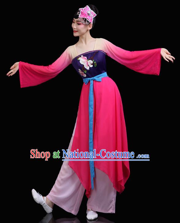 Chinese Umbrella Dance Rosy Dress Traditional Woman Group Dance Costume Classical Dance Clothing