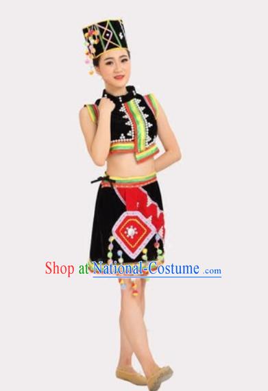 Chinese Yunnan Ethnic Stage Performance Black Dress Outfits Traditional Dai Nationality Folk Dance Costumes