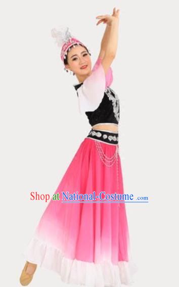 Chinese Xinjiang Ethnic Performance Pink Dress Outfits Traditional Uygur Nationality Female Dance Costumes