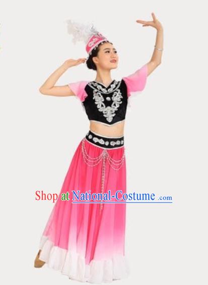 Chinese Xinjiang Ethnic Performance Pink Dress Outfits Traditional Uygur Nationality Female Dance Costumes