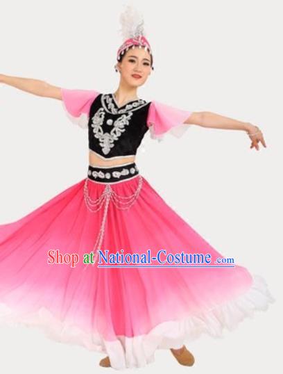 Chinese Xinjiang Ethnic Performance Pink Dress Outfits Traditional Uygur Nationality Female Dance Costumes