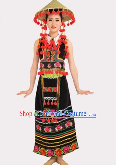 Chinese Ethnic Village Girl Black Dress Outfits Traditional Li Nationality Folk Dance Costumes and Bamboo Hat