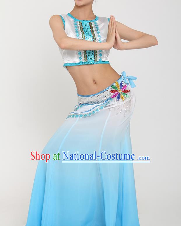 Chinese Yunnan Ethnic Peacock Dance Blue Dress Outfits Traditional Dai Nationality Stage Performance Costumes