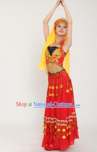 Chinese Xinjiang Ethnic Dance Red Dress Outfits Traditional Uygur Nationality Performance Female Costumes