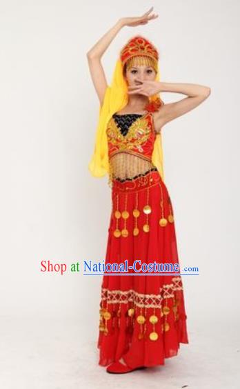 Chinese Xinjiang Ethnic Dance Red Dress Outfits Traditional Uygur Nationality Performance Female Costumes