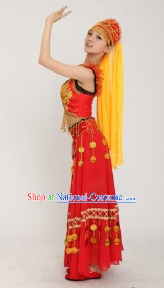 Chinese Xinjiang Ethnic Dance Red Dress Outfits Traditional Uygur Nationality Performance Female Costumes