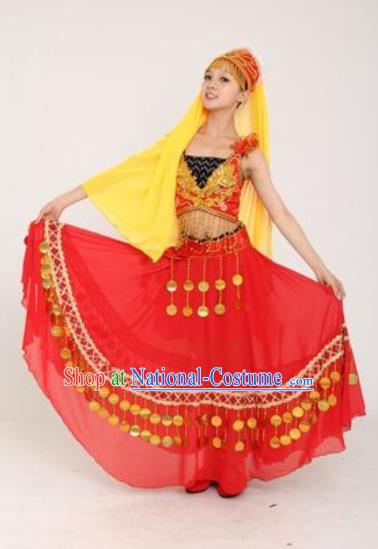 Chinese Xinjiang Ethnic Dance Red Dress Outfits Traditional Uygur Nationality Performance Female Costumes