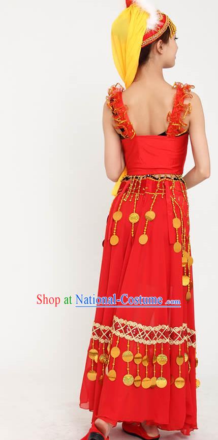 Chinese Xinjiang Ethnic Dance Red Dress Outfits Traditional Uygur Nationality Performance Female Costumes