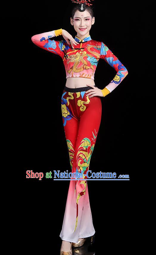 China Bodybuilding Competition Printing Dragon Red Outfits Aerobics Training Clothing Modern Dance Costume