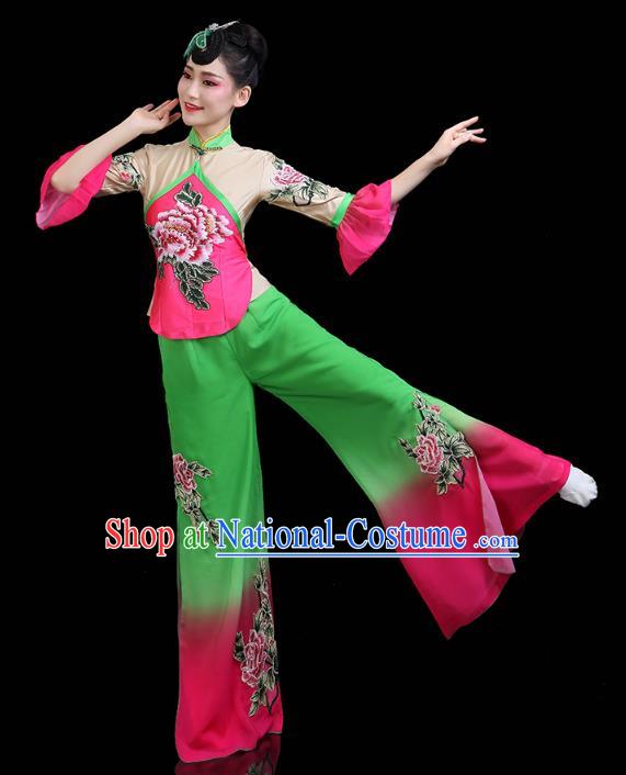 China Yangko Dance Clothing Traditional Folk Dance Fan Dance Printing Peony Outfits