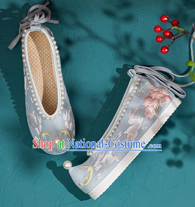 China Embroidered Rabbits Pearls Shoes Traditional Ming Dynasty Princess Shoes Handmade Hanfu Blue Bow Shoes