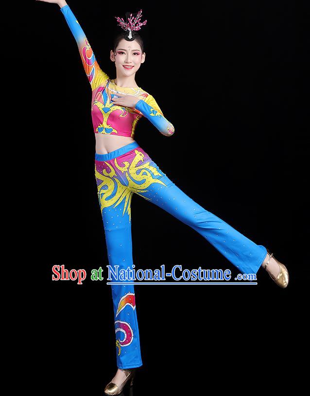 China Aerobics Bodybuilding Competition Clothing Group Dance Costume Cheerleading Girl Blue Outfits