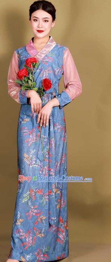 China Tibetan Kangba Woman Blue Bola Dress Traditional Zang Nationality Minority Clothing