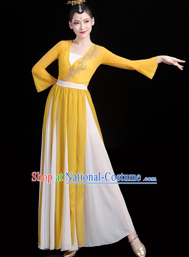 Chinese Classical Dance Yellow Dress Traditional Stage Performance Fan Dance Clothing